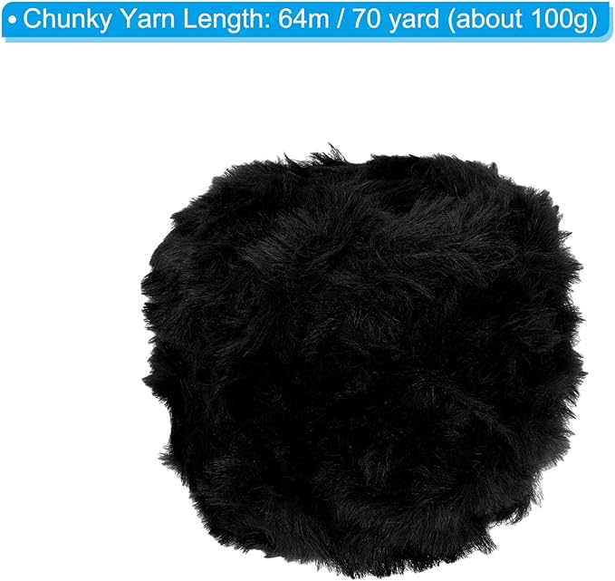 PATIKIL 70yds Faux Fur Yarn, Fuzzy Yarn Crochet Fluffy Yarn Soft Chunky Polyester Plush Fur Eyelash for Crocheting Knit Blanket Rug Sweater Scarf Hat Bear Craft, Black