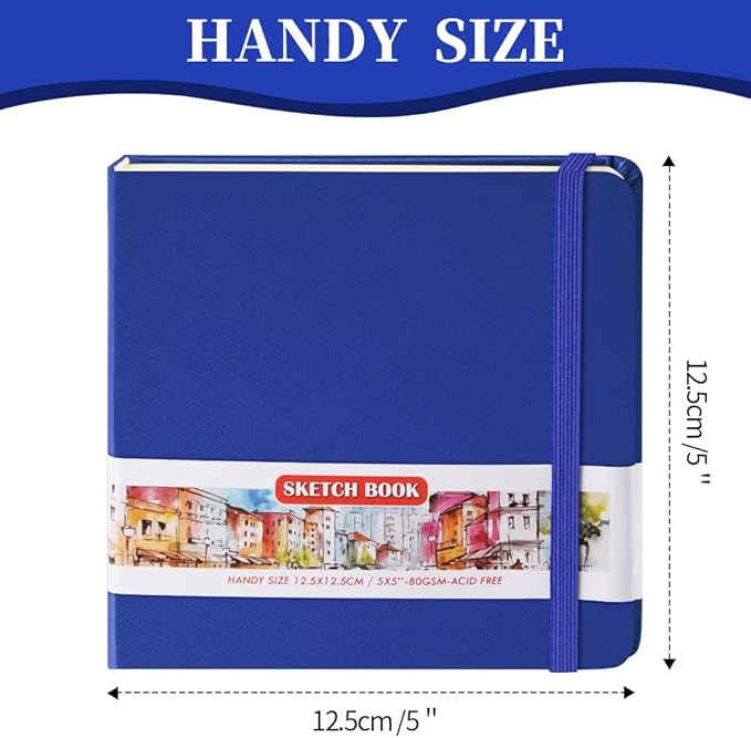 Square 5x5 inches 80gsm 96sheets/192 Pages Notebooks Blank Sketchbooks Travel Journal Pocket Hardcover Paint Writing Diary Memo Planner PU Leather Cover. Sapphire Blue