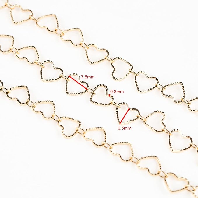 YOUBEIYEE 16.4 Feet Gold Plated Heart Chain Brass Handmade Embossed Link Chains Bulk on Spool with Open Jump Rings Lobster Clasps for Bracelet Necklace Jewelry Making