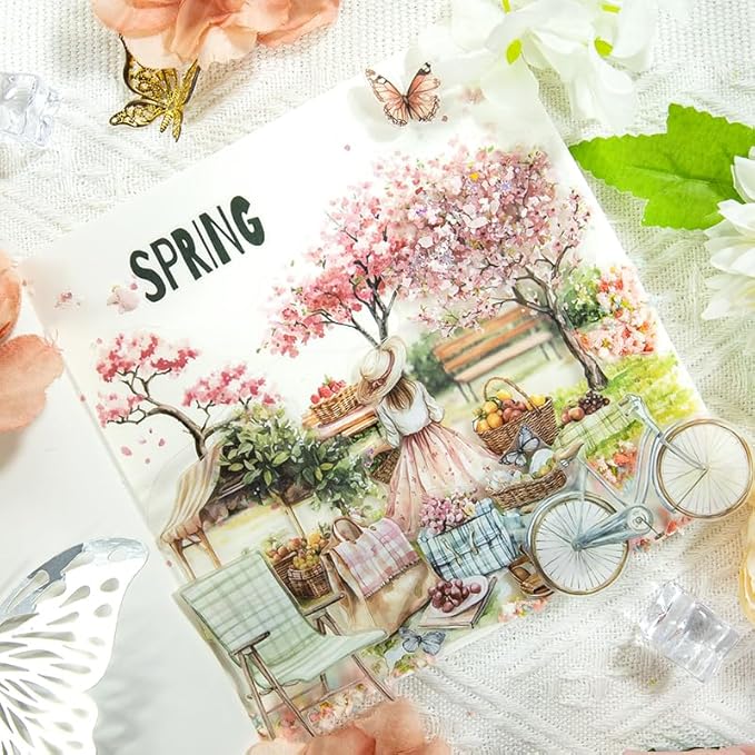 Pre-Cut Picnic Time Scenery Women Sticker Book for Journaling, 20 Sheets A5 PET Washi Paper Materials Stickers for Scrapbooking, Junk Journal Supplies, Planner, Collage