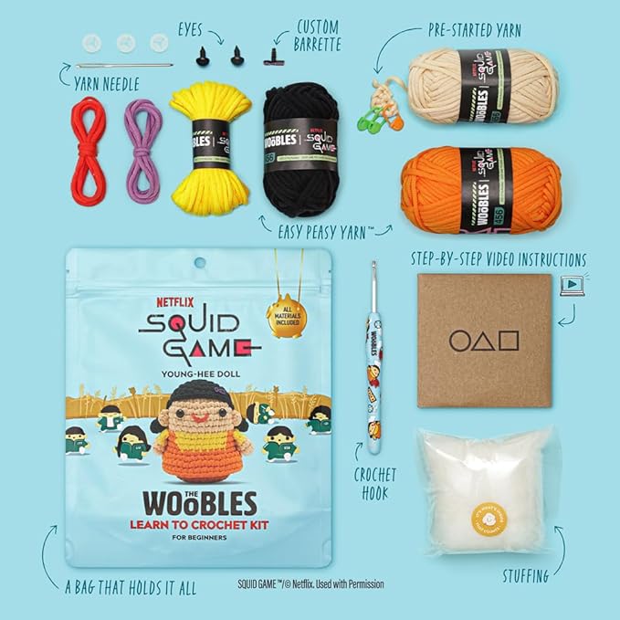 The Woobles Beginners Crochet Kit with Easy Peasy Yarn as seen on Shark Tank - with Step-by-Step Video Tutorials - Squid Game (Young-HEE Character)