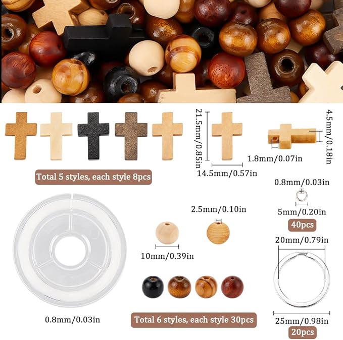 SUNNYCLUE 280Pcs Keychain Making Kit Wood Crucifix Charms Easter Wooden Cross Charms Mini Cross Charm Bulk Wood Cross Round Beads Split Key Rings for Keychains Holiday Beading Craft DIY Supplies