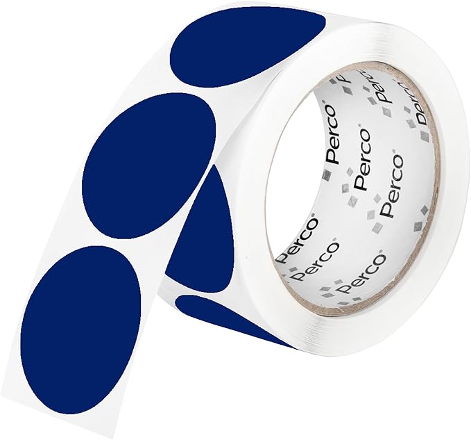 perco dark blue 2-inch perforated circle dot sticker labels — 250 round stickers per roll — with permanent adhesive for organizing, color coding, bin labeling, packaging alerts — made in usa
