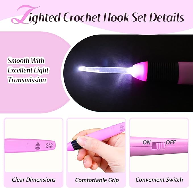 Yarniss Lighted Crochet Hook,4.5mm Crochet Hook Glow in Dark with Battery,Rose