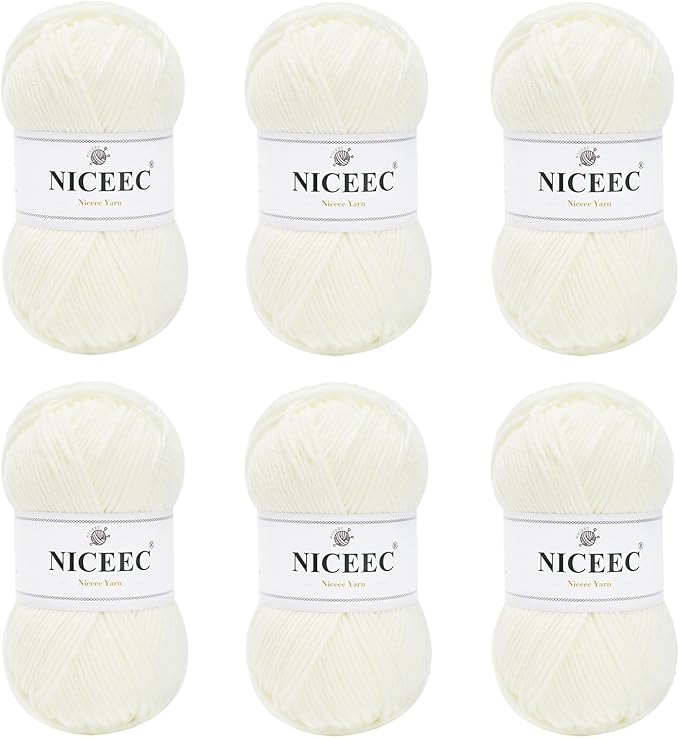 NICEEC 300g Soft Assorted Colors Yarn - Sport Weight,100% Acrylic, 4 Ply, Bonbons Yarn for Crochet & Knit, DIY Project Starter Kit for Kids or Adults(Total 870yds) - White