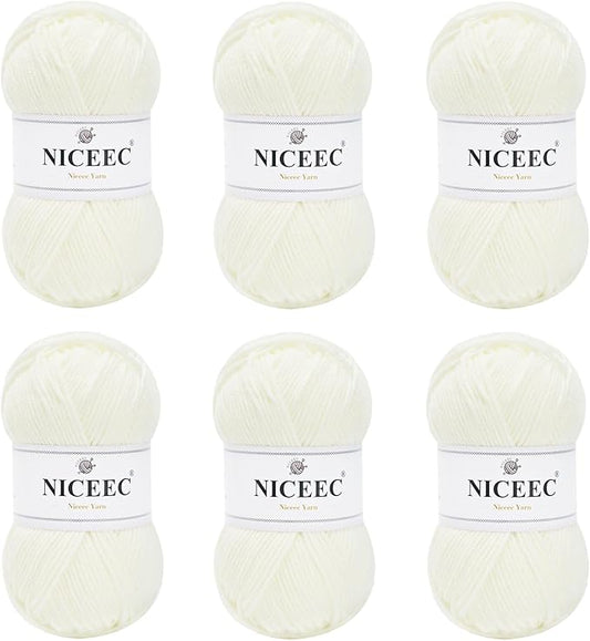 NICEEC 300g Soft Assorted Colors Yarn - Sport Weight,100% Acrylic, 4 Ply, Bonbons Yarn for Crochet & Knit, DIY Project Starter Kit for Kids or Adults(Total 870yds) - White