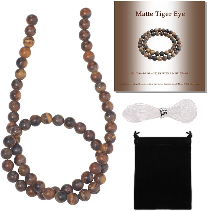 Stone Beads, 60pcs Matte Classic Tiger Eye, 6mm Round Loose Beads for Jewelry Making, Bracelets, with Bag, String & Card
