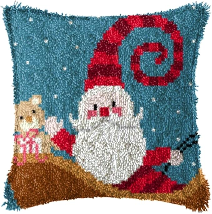 LAPATAIN Latch Hook Kits for DIY Throw Pillow Cover,Red Hat Santa Needlework Cushion Cover Hand Craft Crochet 17x17inch