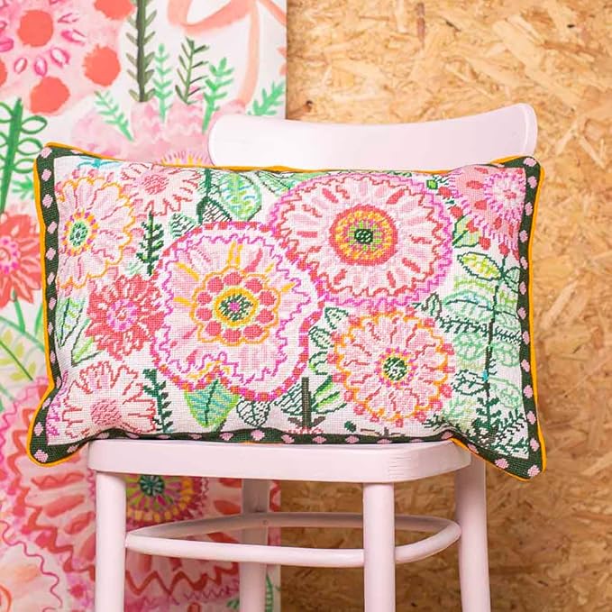 Scheepjes Lucy Tiffney Tapestry Kit, 24 x 16 in (60 x 40 cm), Pink Palette with Green and Yellow Accents, Pure Sheep Wool, 1 kit