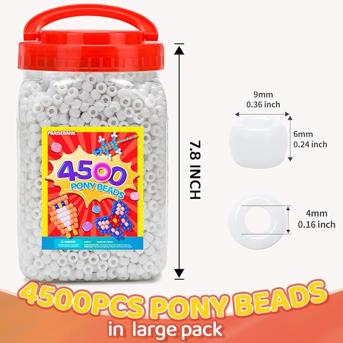 praisebank pony beads, 4500pcs 6x9mm, wholesale beads, bracelets jewelry making, arts & crafts(white)