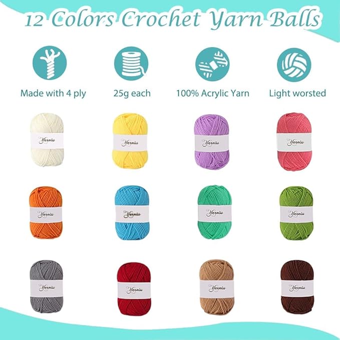 yarniss crochet kits for beginner, all-inclusive crochet kit for adults with 14 size ergonomic crochet hooks,12 crochet yarns balls & crochet bag,bright blue