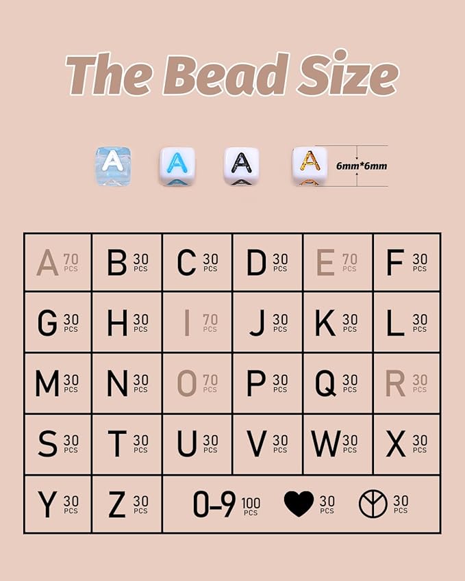 Alphabet Beads - 1270 Pcs Square Acrylic Letter Beads A-Z with Extra Vowels, Numbers & Spacers - Ideal for Bracelets & Necklaces