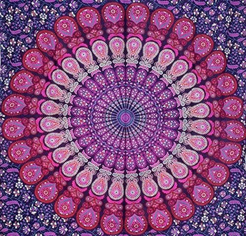 bless international handmade indian hippie bohemian psychedelic peacock mandala wall hanging college dorm beach throws table cloth bedding tapestry (purple pink, queen(84x90inches)(215x230cms))
