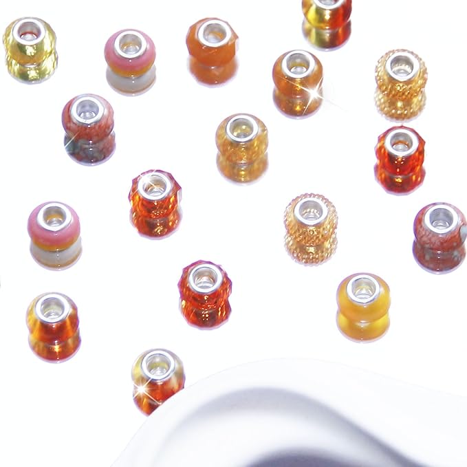 60Pcs Large Hole Beads Spacer Beads Orange Assorted European Craft Big Beads Large Hole Lampwork Murano Bead Fairy Wand Garden Bead for DIY Charm Bracelet Necklace Jewelry Making Decoration Supplies