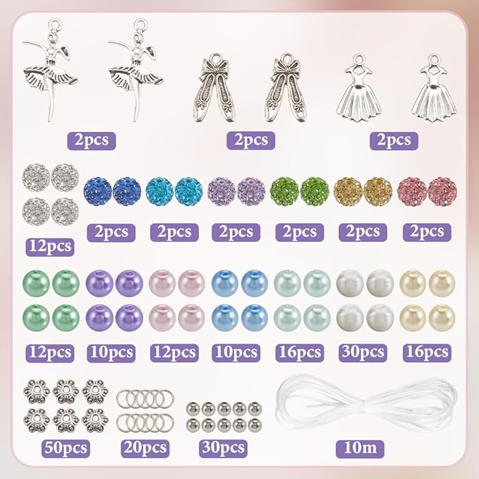 SUNNYCLUE 1 Box 236pcs DIY 6 Sets Ball Bracelet Making Kit Dance Charms Bulk Dancer Shoes Dress Theme Polymer Clay Rhinestone Disco Ballet Imitation Pearl Beads for Jewelry Making Starters Supplies