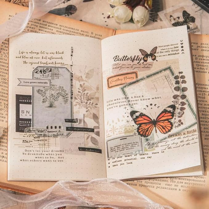 40 Sheets A6 Vintage Washi Stickers Book for Adults, Retro Butterfly Stickers with Self-Adhesive Collage Papers Ephemera for Junk Journaling Supplies, Scrapbooking, Crafts Arts