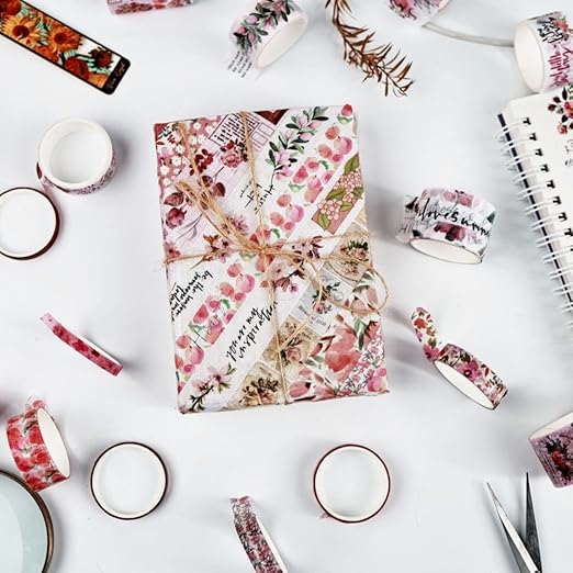 Washi Tape Set, 20 Rolls, Floral Washi Tape for Journaling, Decorative Tape for Scrapbooking, Junk Journal Supplies, Bullet Journaling, 5 Assorted Widths