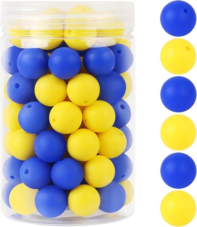 110 Pcs Silicone Focal Beads, EVERMARKET 15mm Silicone Beads for Keychain Making, Round Silicone Beads Bulk with Bottle, Rubber Loose Beads for Pens Crafts Necklace Bracelet Lanyard (Blue Yellow)