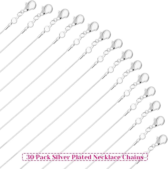 paxcoo 30 pack necklace chain silver plated necklace snake chains bulk for jewelry making, 1.2 mm (18 inches)