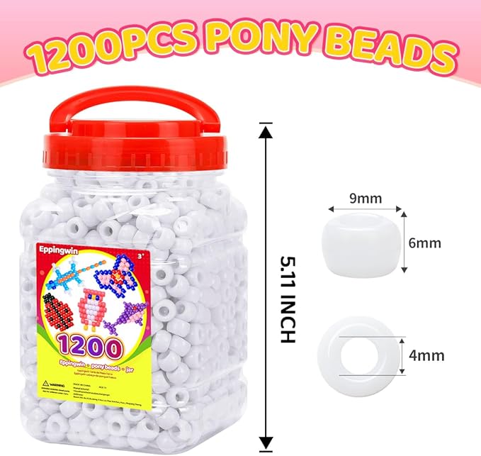 eppingwin 1200pcs pony beads for bracelets,6x9mm kandi beads for hair braids, easy storage pony bead for jewelry making (white)
