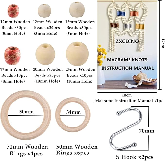 zxcdino 152pcs macrame kit for beginners: natural cotton macrame cord, wooden & metal rings, beads, sticks & hoops - perfect for macrame plant hangers & home decor