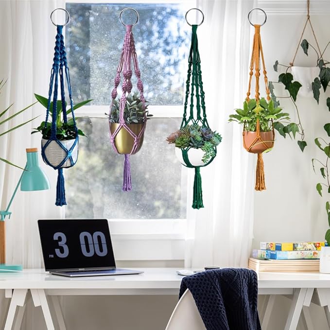 ewparts macrame plant hanger kit with instruction book tutorials metal rings 4mm macrame cord green/purple/orange/blue pre-cutted for making 4 macrame plant hangers macrame kit for adults beginners