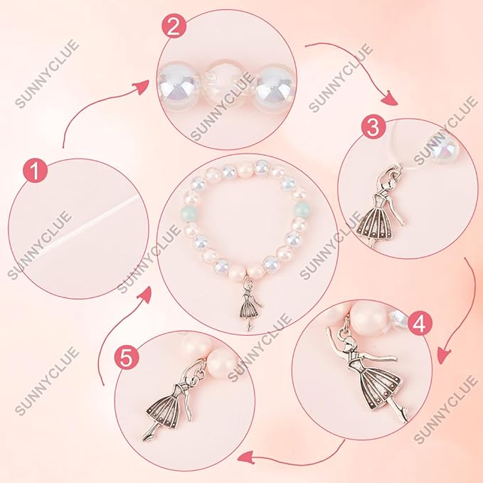 SUNNYCLUE 1 Box 6 Set Ballet Bracelet Making Kit Adjustable Bracelets Dancer Ballerina Charms Acrylic Transprent Rhinestone Beads for Jewellery Making Kits Beginner Adult Women Holiday Supplies