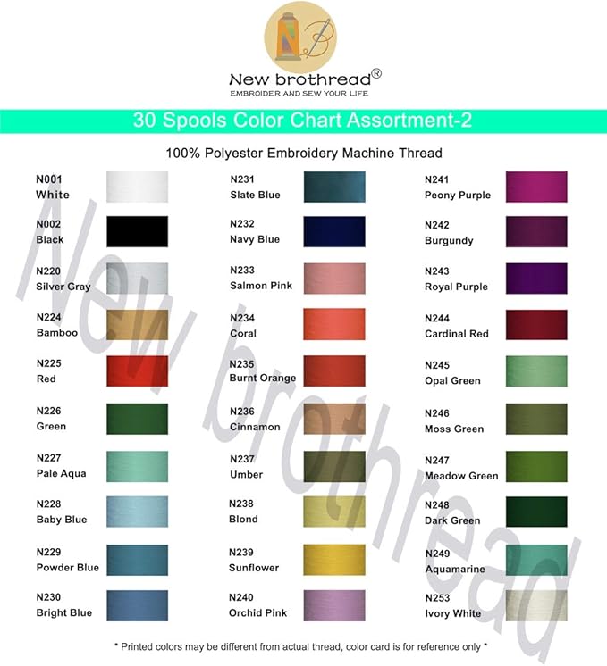 New brothread 30 Colors Polyester Embroidery Machine Thread Kit 500M (550Y) Each Spool - Colors Compatible with Janome and Robison-Anton Colors - Assortment 2