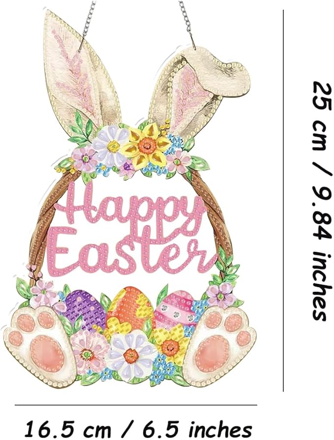 JBTM24 9.8x6.5inch Hanging Diamond Art Pendant Kits, Happy Easter Diamond Painting Hanging Sign with Chain, Special Shaped Crystal Art Ornament (Easter Bunny)