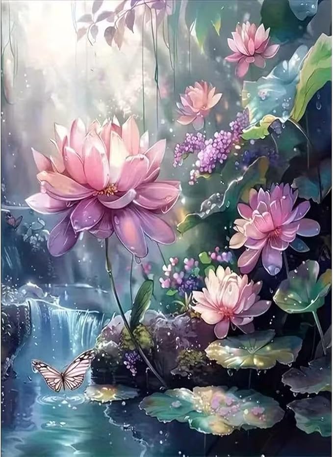 SHICERNHJ 5D Diamond Art Kits for Adults,Lotus Flower Diamond Painting Kits for Beginners,DIY Full Drill Diamond Dots Scenery Paintings with Gem Art Crafts for Adulta Home Decor 12 x 16 inch
