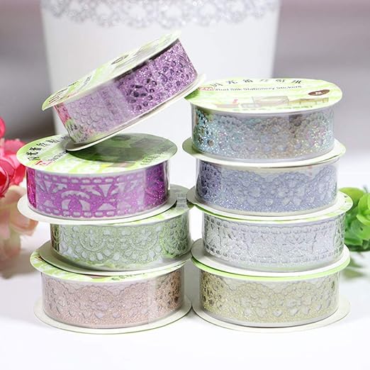 SallyFashion Decorative Washi Tape Set - 6Rolls Glitter Lace Washi Tape for Card Making Supplies, Scrapbook Craft Supplies, Aesthetic Journaling, DIY Craft Projects Gift Wrapping