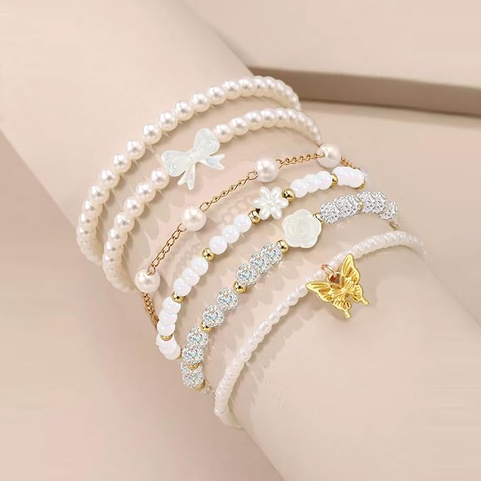 1178 Pcs Pearl Beads for Bracelet Making Kit Flower Rhinestone Beads for Jewelry Making Gold Silver Bracelet Bead Necklace Earrings DIY Craft for Women Adult Small Pearls Bead for Crafting