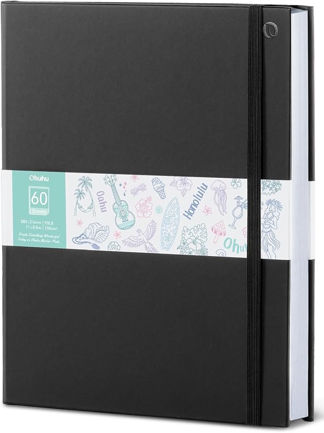 Ohuhu Double-Sided Marker Pad Art Sketchbook Bleedproof - 8.5"x11" Large Paper Size - 90 lb/150 gsm Smooth Drawing Paper - 60 Sheets/120 Pages - Hardcover Sketching Book for Alcohol Markers Paints