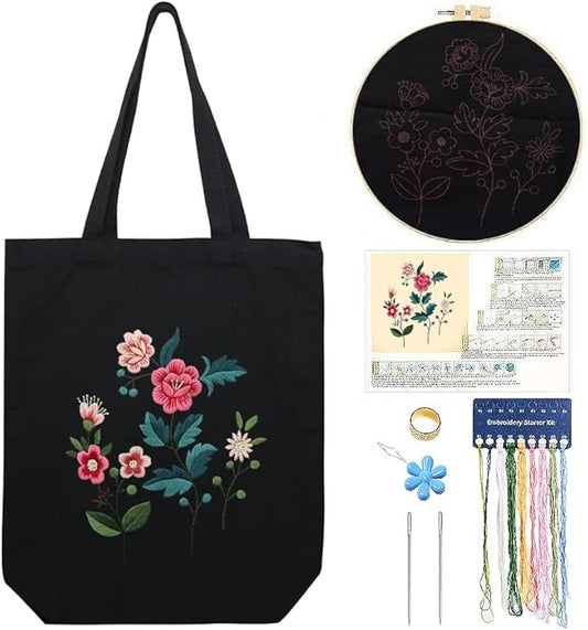 CREAWONDER Canvas Tote Bag Embroidery Kit with Pattern for Beginners, Arts and DIY Embroidery Crafts Kits for Adults, Include Instructions, Thimble, Embroidery Hoops, Color Threads and Tool