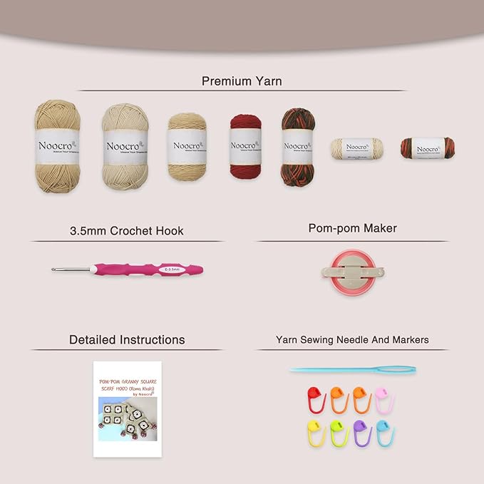 Noocro Complete Crochet Kit for Pom-Pom Granny Square Scarf Hood, DIY Yarn Kit, Detailed Instructions, Step by Step Video Tutorial, Beginner-Friendly, Intermediate Crocheter Craft Set (Roma Khaki)