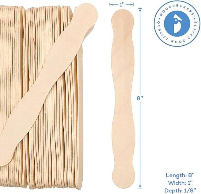 Wooden 8" Fan Handles, Wedding Programs, or Paint Mixing, Pack 50, Jumbo Craft Popsicle Sticks for Auction Bid Paddles, Wooden Wavy Flat Stems for Any DIY Crafting Supplies Kit, by Woodpeckers