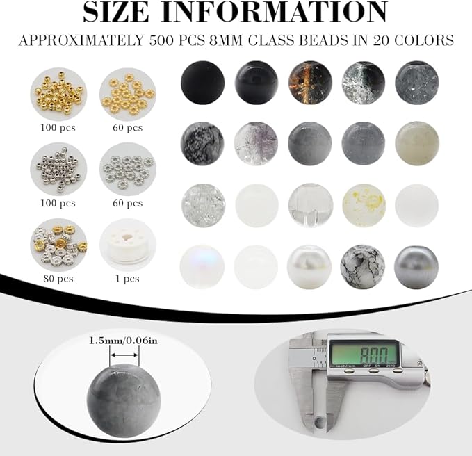 DIPSEOI 8mm Glass Beads for Bracelet Kit - 900 Pcs Jewelry Making Kits Bead DIY with Spacer Charms (Black Grey White Series)