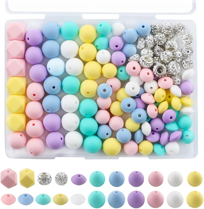 120Pcs Multicolor 12mm 15mm Silicone Beads for Keychain Making, 14mm Hexagon Beads Rhinestone Round Spacer 10mm for DIY Handicrafts(Warm)