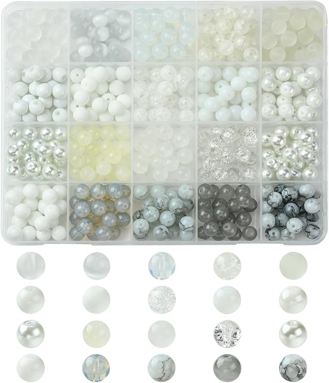 Echoed Elegance 8 Color Gradient Glass Beads Kit - 400pcs 8mm Round Beads for DIY Jewelry Making, Bracelets, Necklaces - Mixed Blending Color Craft Beads with Storage Box (White)