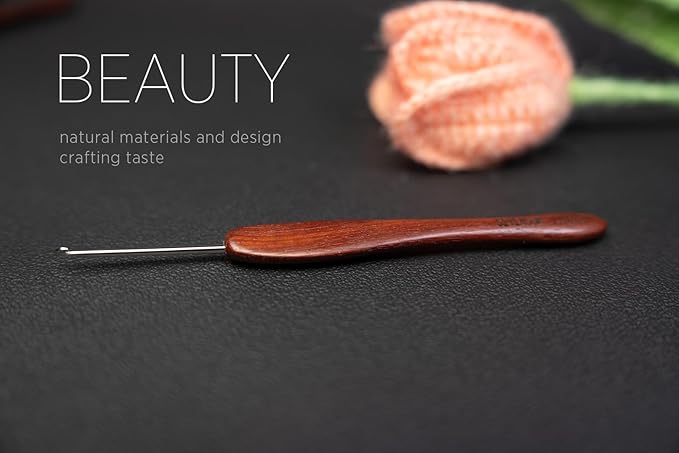 SEVENSUN Mimosa 2mm Single Crochet Hook, Available in 0.6mm-6.5mm, Ergonomic Hand Polished Stainless Steel Inline Pointy Wood Handle Crochet Hook for Arthritic Hands, Mother's Day Gifts for Mom