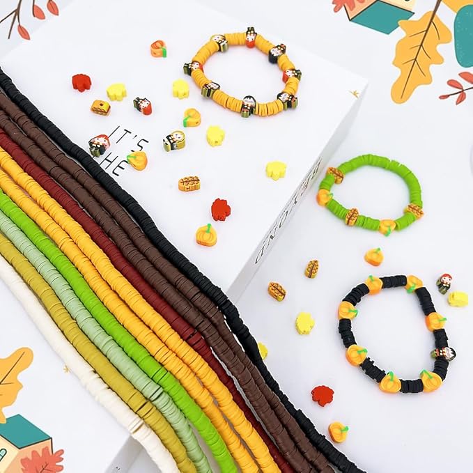 3600 PCS 10 Strands Fall Clay Beads for Jewelry Making, with 50pcs Autumn Clay Charms for Bracelets Making (Thanksgiving Day)