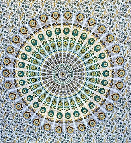 bless international handmade indian hippie bohemian psychedelic peacock mandala wall hanging college dorm beach throws table cloth bedding tapestry (yellow green, queen(84x90inches)(215x230cms))