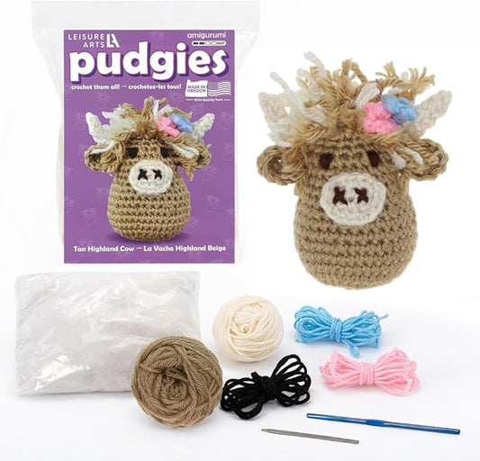 LEISURE ARTS Crochet Kit, Pudgies Highland Cow, Tan, 4", Crochet Kit for Beginners, Complete Kit, Animal Kits, Animal DIY Amigurumi Kits