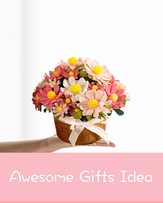 BAZIMA ALICE DIY Felt Flower Art Craft Kit, DIY Daisy Pot Bonsai Kit, 33 Daisies, Floral Gifts, Beginner Craft Kit, Arrange Pre-Cut Flowers and Foliage