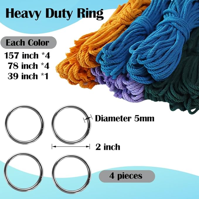 ewparts macrame plant hanger kit with instruction book tutorials metal rings 4mm macrame cord green/purple/orange/blue pre-cutted for making 4 macrame plant hangers macrame kit for adults beginners