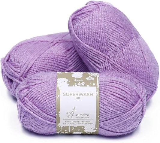 100% Pure Wool Yarn Superwash Set of 3 Skeins (150 Grams) DK Weight - Sourced Directly from Peru - Heavenly Soft and Perfect for Knitting and Crocheting (Lavender)