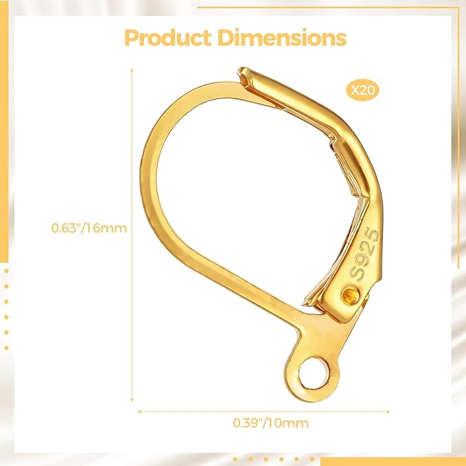 20 pcs golden 925 sterling silver leverback earring hooks skin-friendly french hook earring clasps with loop dangle earring findings for jewelry making and diy crafts