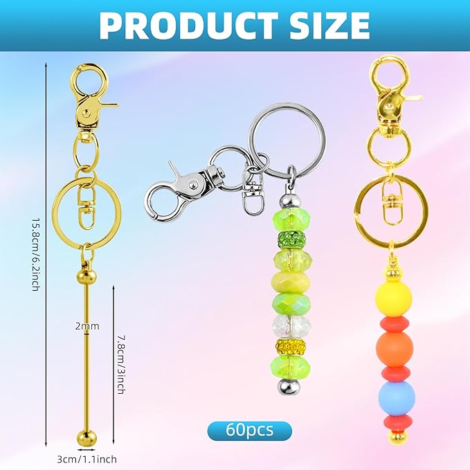 60 Pcs Beadable Keychains Bulk Kit – DIY Keychain Making Supplies with Metal Blanks for Crafts, Jewelry, Charms, Custom Projects – Blank Chain Bars for Beaded Keychain Design (Gold + Silver)