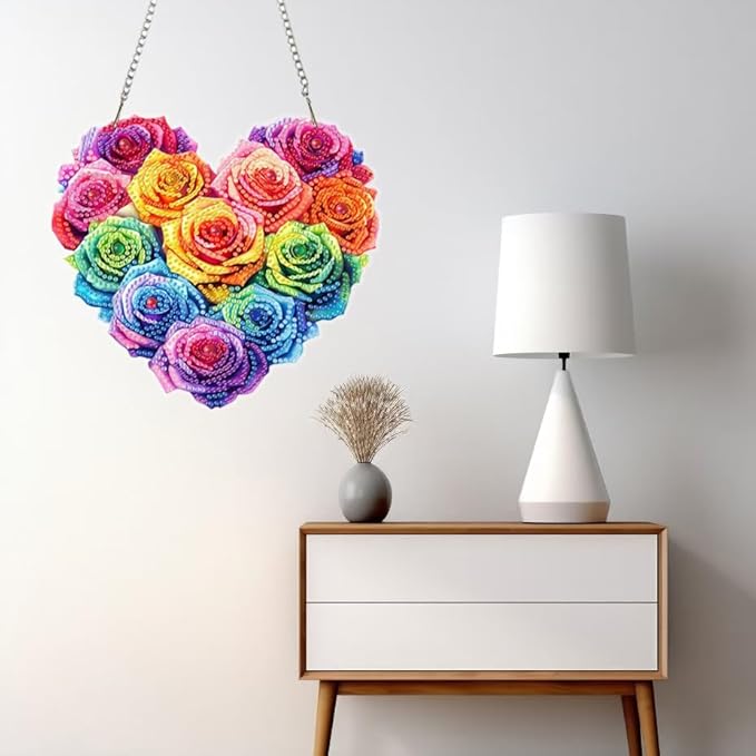 Masendp Multicolored Roses Hanging Diamond Art Kits for Adults, Special Shaped Heart-Shaped Diamond Painting Pendant Ornaments Kit DIY Crystal Rhinestone Gem for Home Decoration and Gifts