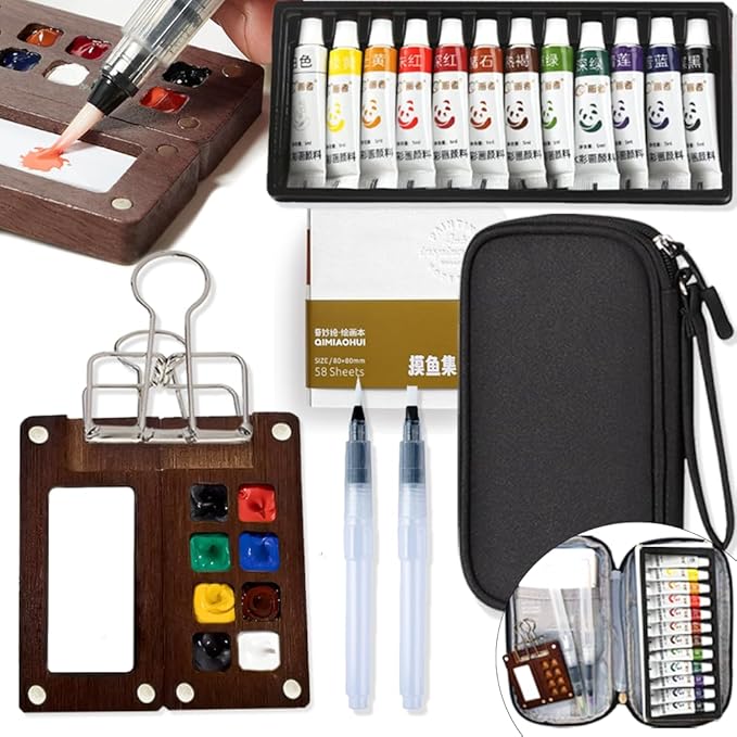 Watercolor Paint Set with Storage Bag Mini Watercolor Paint Kit for Travel Pocket Watercolor Set with 12 Colors Watercolor Painting Art Supplies with Easy Clean Wood palette Unique Creative Gift for Teens,Adults